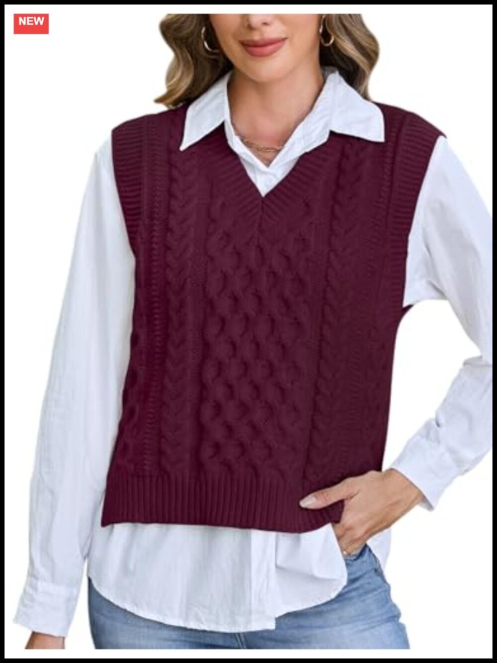 Womens Cable Knit Sweater Vest V Neck Sleeveless Acrylic Nylon